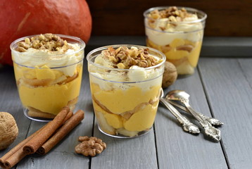 Pumpkin Tiramisu layered dessert with cream