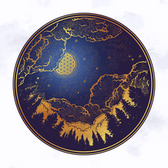 Forest and the starry night sky with moon.