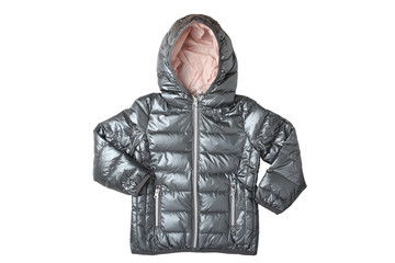 Children’s jacket isolated. Fashionable silver gray warm down jacket isolated on a white...