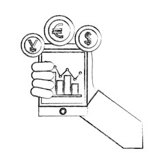 hand with smartphone chart business coins dollar euro yen