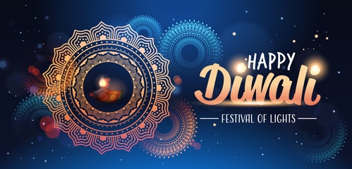 happy diwali traditional indian lights hindu festival celebration holiday concept flat greeting card template invitation horizontal copy space vector illustration © mast3r