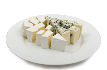 Piece of Blue Cheese and White Cheese on Plate Isolated