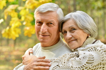 Happy senior couple in autumn park hugging 