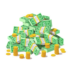 Big pile of cash money banknotes, american dollars and gold coins, cents. Currency, depository, bank, wealth, accumulation money isolated on white background. Vector illustration in flat style.
