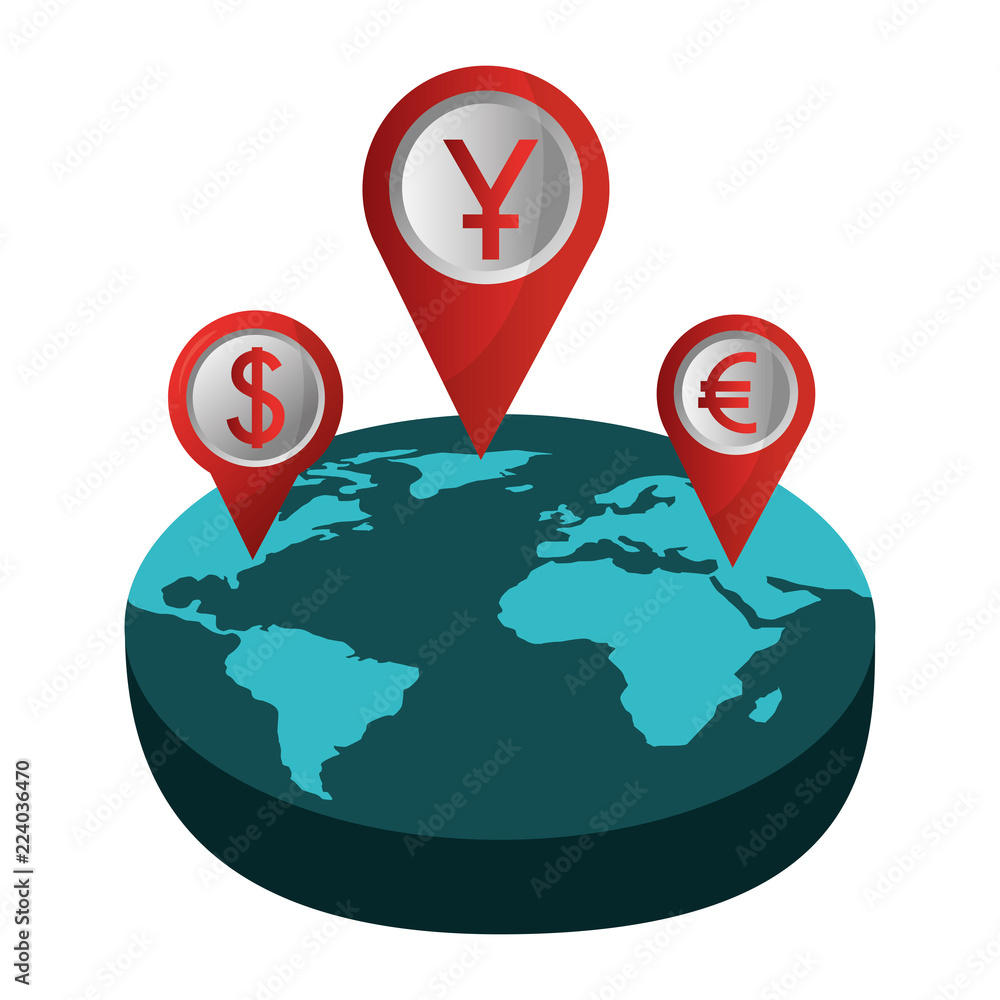 Poster set pin pointer location with symbol crypto money in planet earth