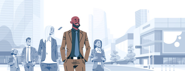bald head businessman team leader boss stand out business people group individual leadership concept male cartoon character portrait cityscape background horizontal banner flat vector illustration