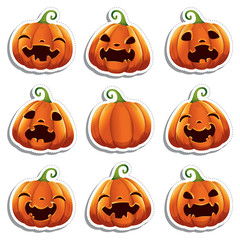 Stickers with cute realistic vector pumpkins with different faces for Halloween.