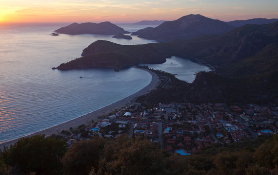 Oludeniz at sunset and aerial view of Blue lagoon on Lycian way at sunset in Mugla province, Turkey
