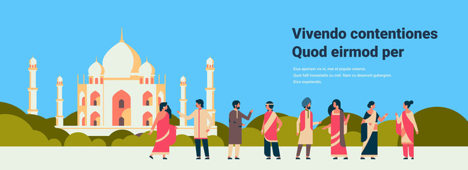 indian people group wearing national traditional clothes hindu man woman communication muslim cityscape mosque building horizontal banner copy space flat vector illustration