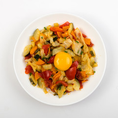 Fried Vegetable Mix with Zucchini, Sweet Pepper, Tomatoes, Onions Close Up