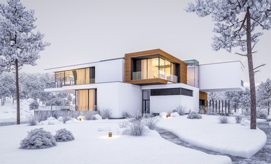 3d rendering of modern cozy house by the river with garage. Cool winter evening with cozy warm light from windows. For sale or rent with beautiful mountains on background