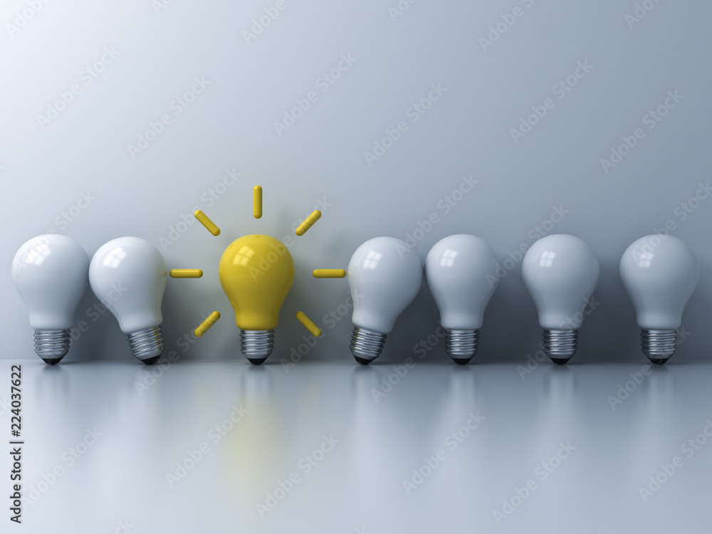 Leinwandbilder think different concept one yellow idea light bulb standing out from the white unlit bulbs with wind