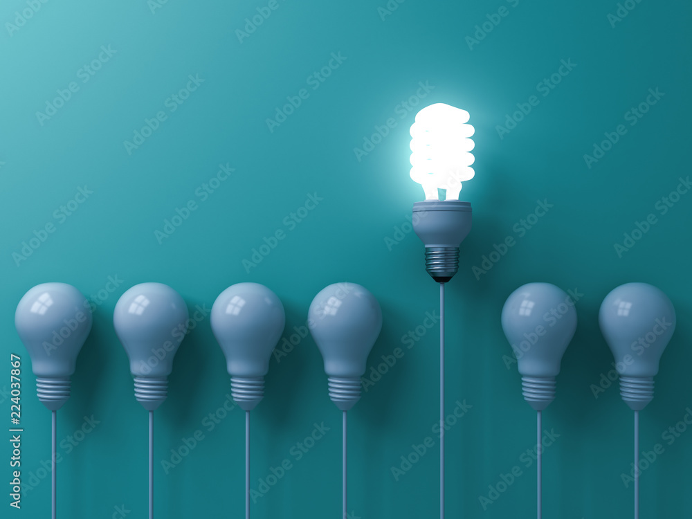 Poster One eco energy saving light bulb glowing and standing out from unlit incandescent white bulbs on green pastel color wall background  leadership and different creative idea concepts 3D rendering
