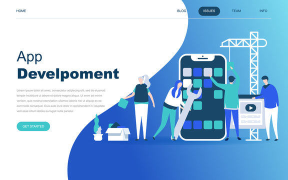 Modern flat design concept of App Development for website and mobile website development. Landing page template. Developing programming a new project using mobile application. Vector illustration.