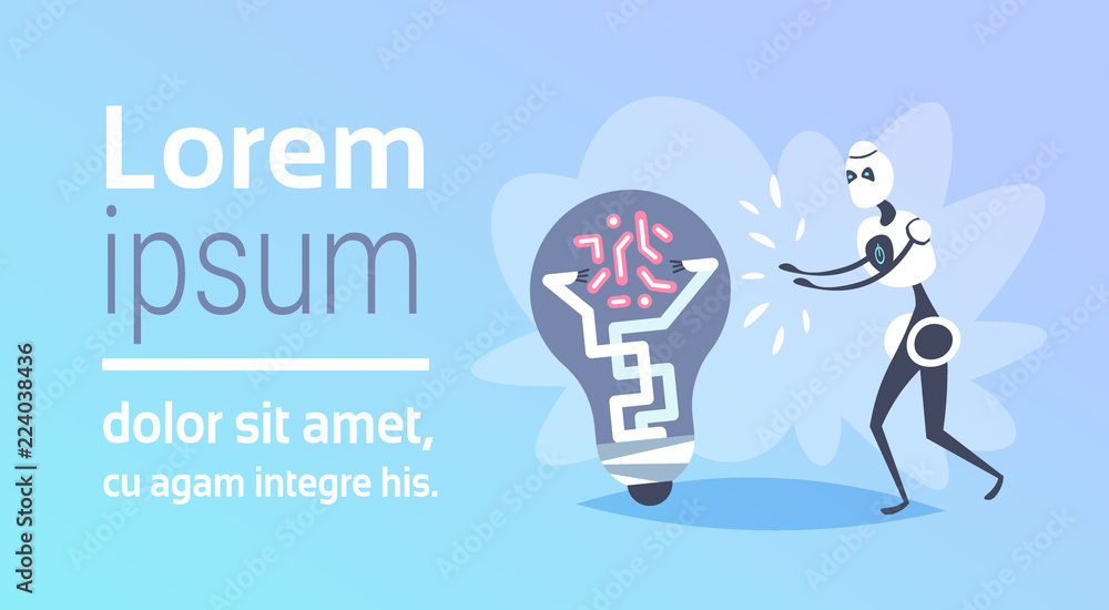 Poster modern robot touching light lamp new creative idea concept bot helper assistance artificial intellig