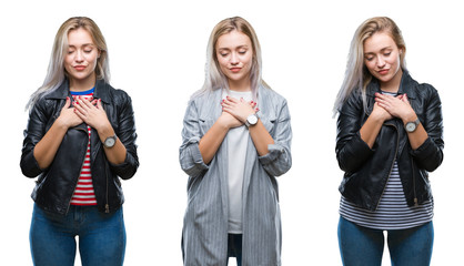 Fototapeta premium Collage of beautiful blonde young woman wearing jacket over isolated background smiling with hands on chest with closed eyes and grateful gesture on face. Health concept.