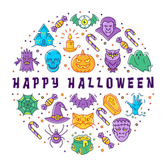 Happy Halloween card. Halloween circle infographics, trendy line art icons. Colorful Halloween icons for poster, tags, banners, flyers, stickers. Vector flat illustration