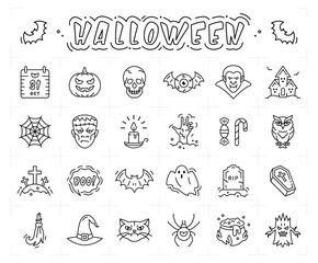 Halloween icon set. Thin line art Halloween symbols, Vector flat illustration