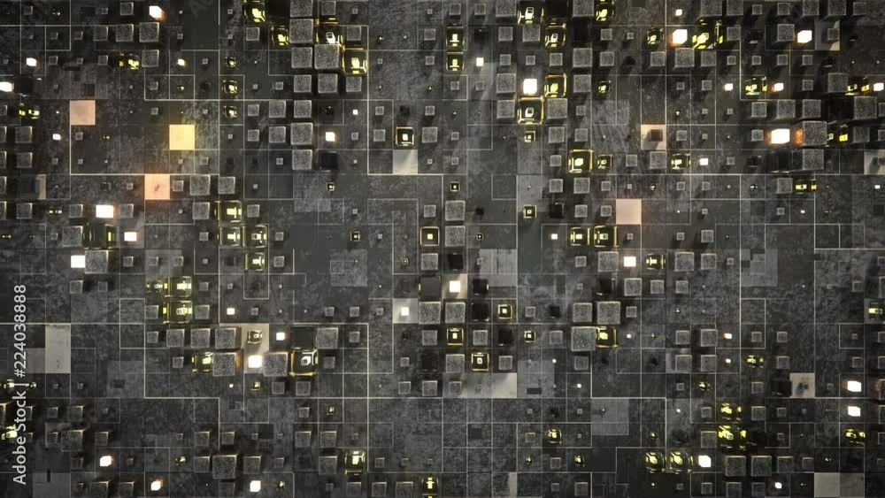 Poster glowing yellow cubes on plane. abstract futuristic technology or science fiction background. seamles