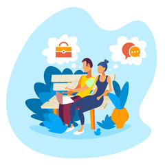 Naklejka premium casual couple sitting wooden bench man woman using laptop dream bubble communication concept male female cartoon character full length flat vector illustration