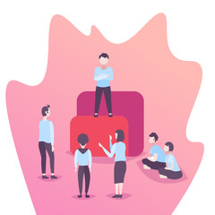 team leader standing podium business people brainstorming leadership concept office workers working together successful strategy flat male female cartoon character vector illustration