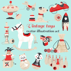 Set of 15 vintage  retro wooden toys illustrations. Traditional wooden toys scandinvian style inspired, illustrated in mixed media : vector drawing and hand made brush and pen textures. © KaliaZen