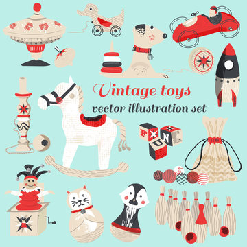 Fototapeta Set of 15 vintage  retro wooden toys illustrations. Traditional wooden toys scandinvian style inspired, illustrated in mixed media : vector drawing and hand made brush and pen textures.