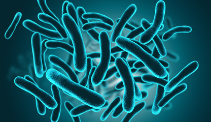 Fototapeta na wymiar Bacteria closeup in blue background. 3d illustration.