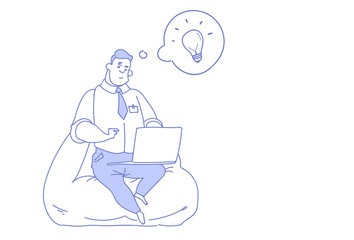 Fototapeta na wymiar businessman using laptop generating creative ideas innovation concept business man inspiration light lamp startup sketch doodle horizontal vector illustration