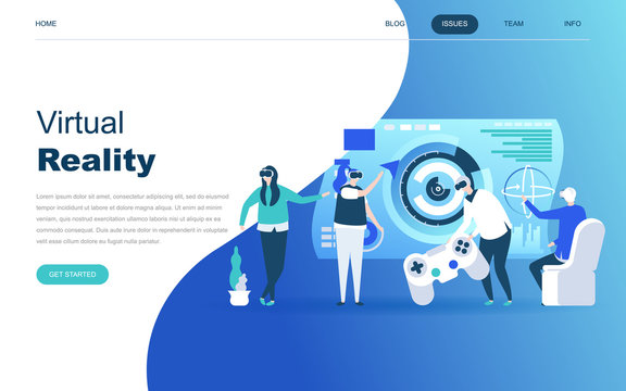 Modern flat design concept of Virtual Augmented Reality for website and mobile website development. Landing page template. People wearing headset with touching vr interface. Vector illustration.