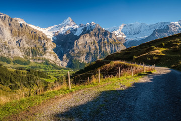Obraz premium Sun is setting during the famous hiking trail from First to Grindelwald (Bernese Alps, Switzerland). You can have great views on Eiger, Monch and Jungfrau and the Bachalpsee along the way.