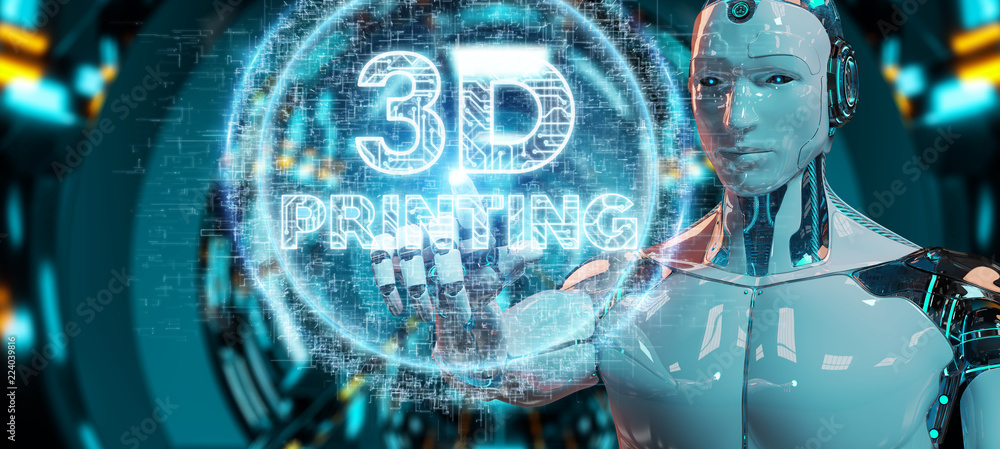 Poster robot white using 3d printing digital hologram 3d rendering