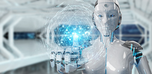 White robot woman using digital triangle exploding sphere hologram 3D rendering