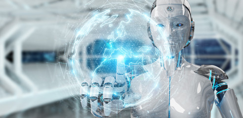White robot woman using digital sphere connection hologram 3D rendering