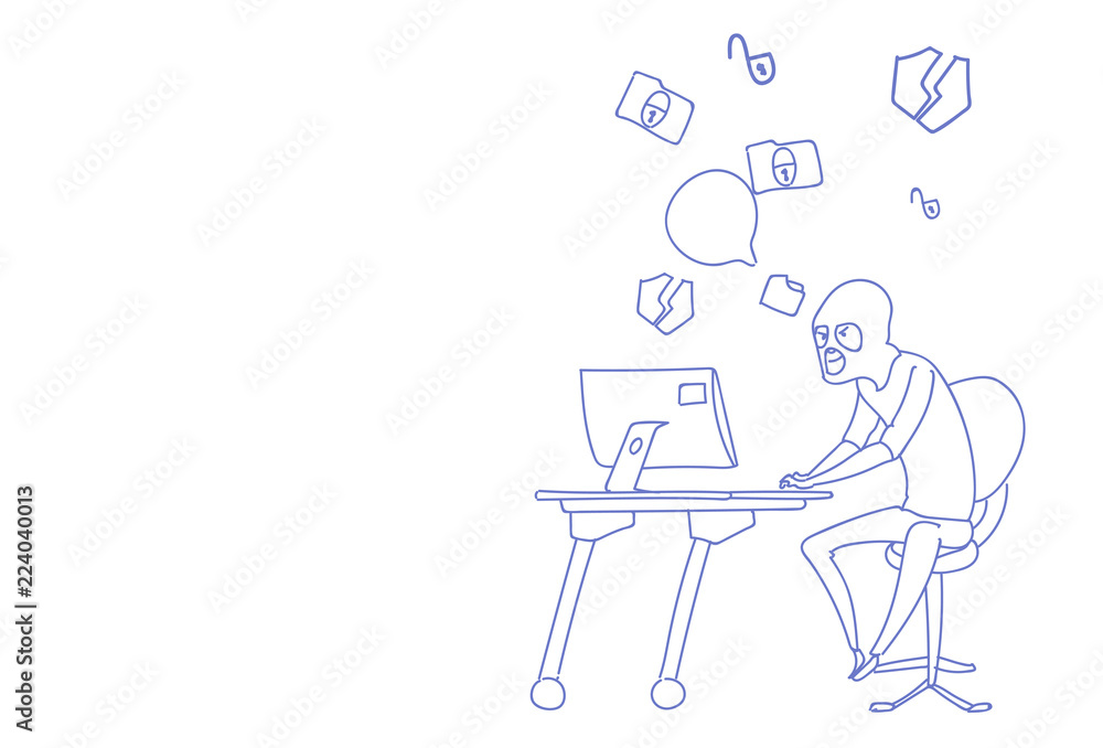 Poster man mask sitting computer hacker activity concept viruses data privacy attack internet information s