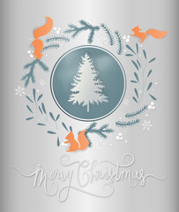 Minimal greeting card concept of winter season and Christmas day snowflakes and christmas tree. paper art and digital craft style. Vector illustration.