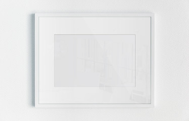 White rectangular horizontal frame hanging on a white wall mockup 3D rendering