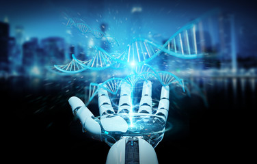 White cyborg hand scanning human DNA 3D rendering
