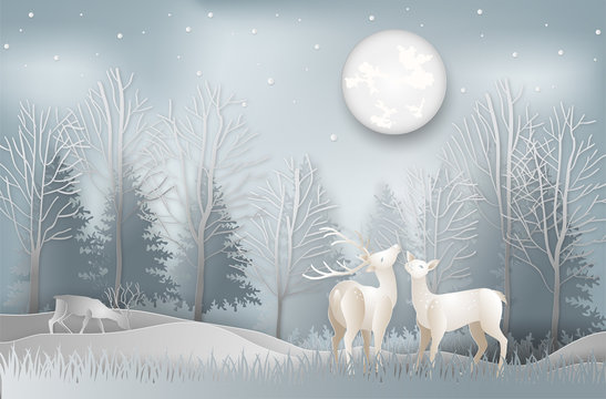 Minimal concept of winter season and Christmas day Deer under the view pine forest landscape with snow background. paper art and digital craft style. Vector illustration. © Small Smiles_dimple