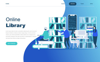 Modern flat design concept of Online Library for website and mobile website development. Landing page template. Technology and literature, digital culture on media library. Vector illustration.