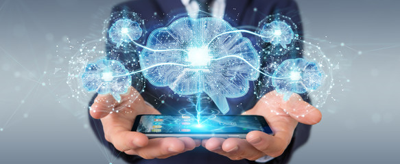 Businessman creating artificial intelligence in a digital brain 3D rendering