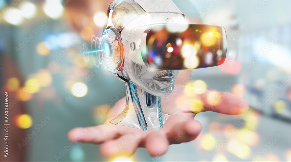Poster businesswoman using virtual reality and artificial intelligence 3d rendering