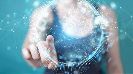 Businesswoman using globe network hologram with Europe map 3D rendering