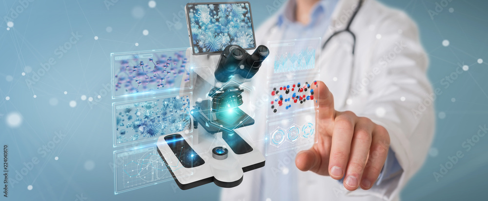 Aufkleber Doctor using modern microscope with digital analysis 3D rendering