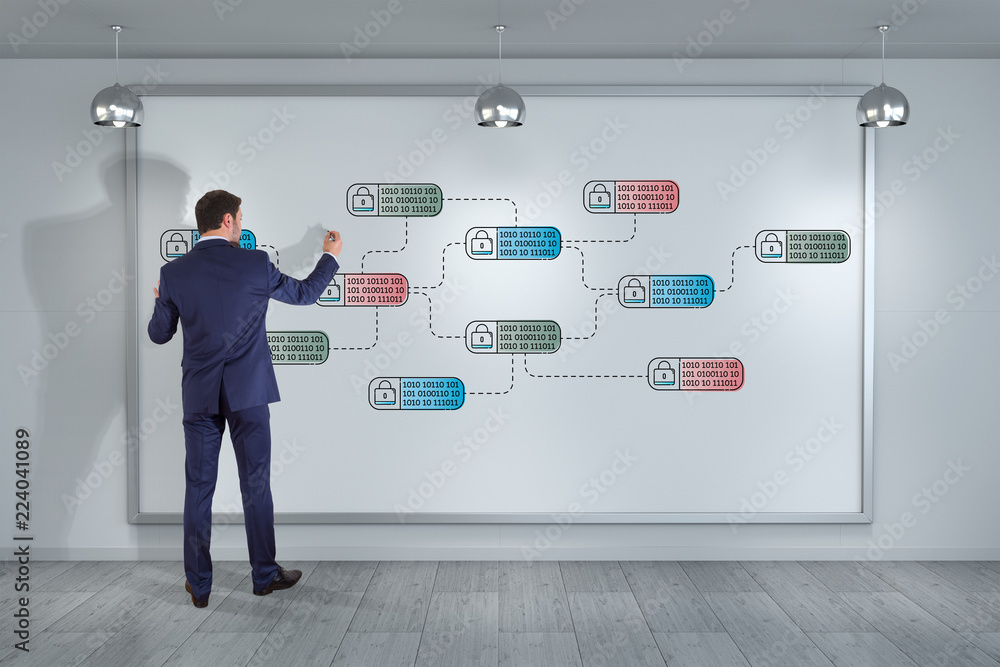 Poster businessman drawing thin line web security interface on the wall