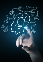 Businesswoman using thin line icon project plan presentation