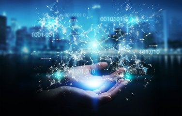 Businesswoman using digital binary code connection network 3D rendering