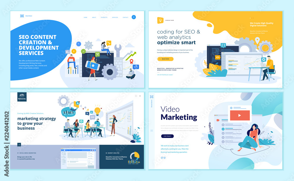 Wall mural set of web page design templates for web and mobile apps, seo, marketing strategy, video marketing. 