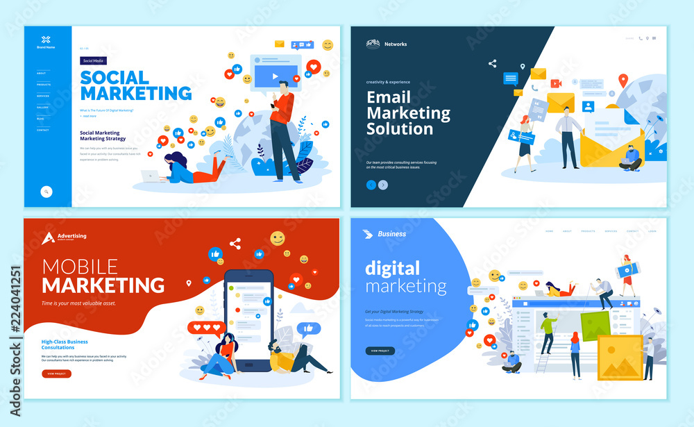 Wall mural set of web page design templates for digital marketing, mobile solutions, networking and email marke