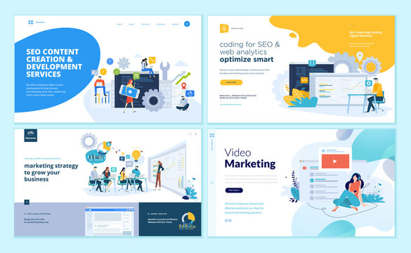 Set of web page design templates for web and mobile apps, SEO, marketing strategy, video marketing. Modern vector illustration concepts for website and mobile website development. 